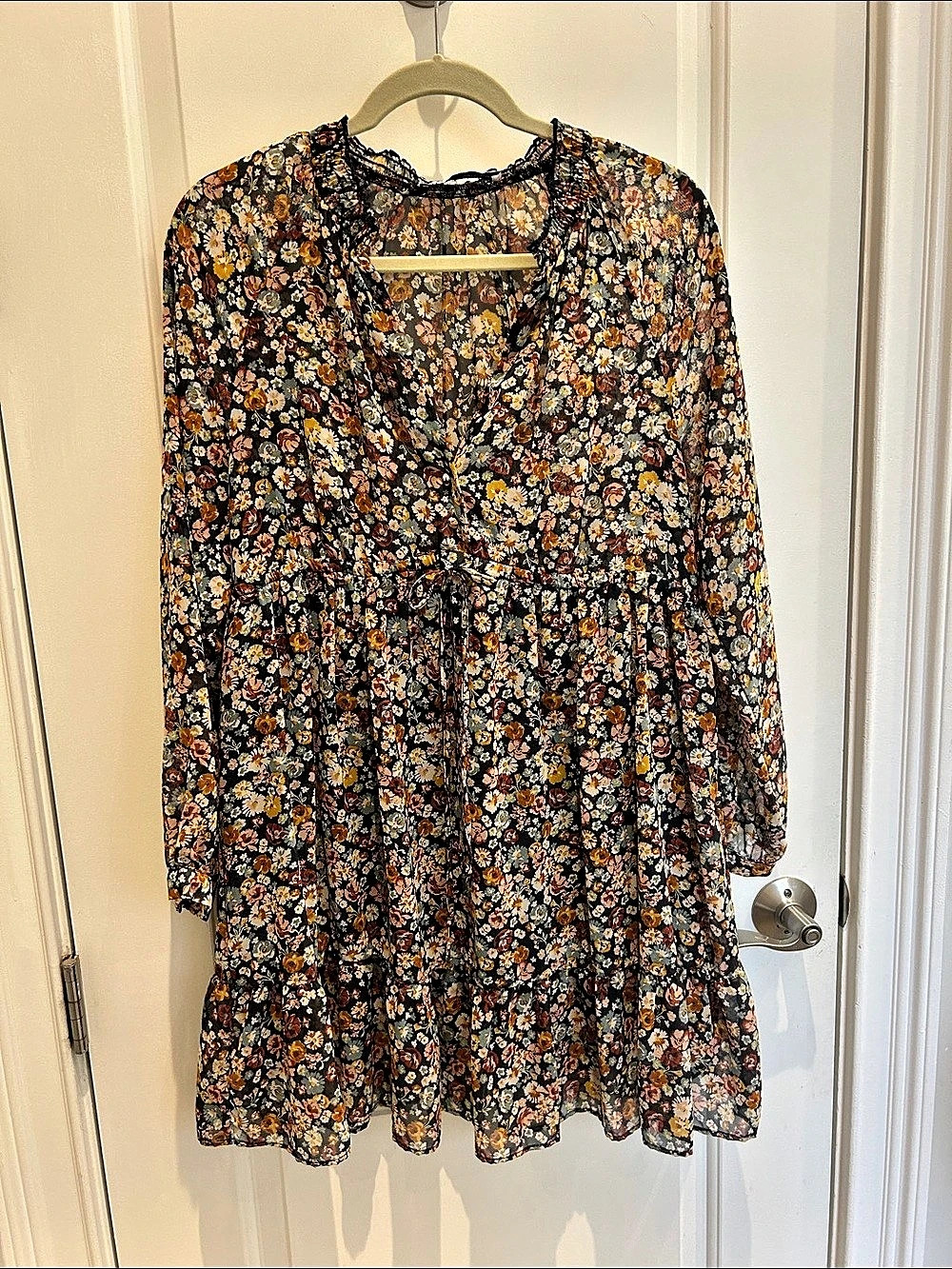 Zara Floral Mini Dress in Black & Pink and Gold Size Medium